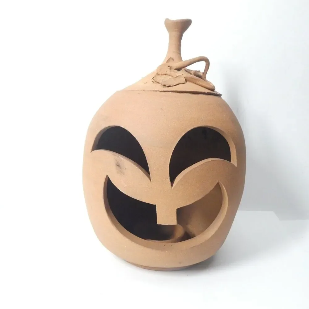 Terra Cotta Pumpkin Jack O Lantern Candle Holder Signed Clay Pottery Handmade